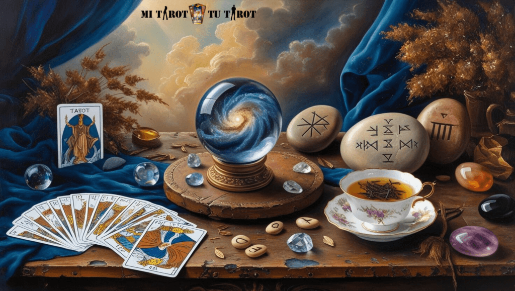 Mesa de madera con cartas de tarot, una bola de cristal, runas y una taza de té, utilizadas como herramientas simbólicas de introspección para el crecimiento personal.