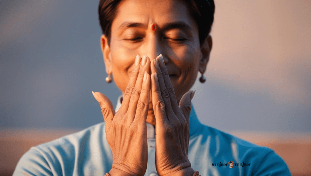 Persona sentada en postura zen utilizando mudras sagrados como herramientas de introspección y autoanálisis.