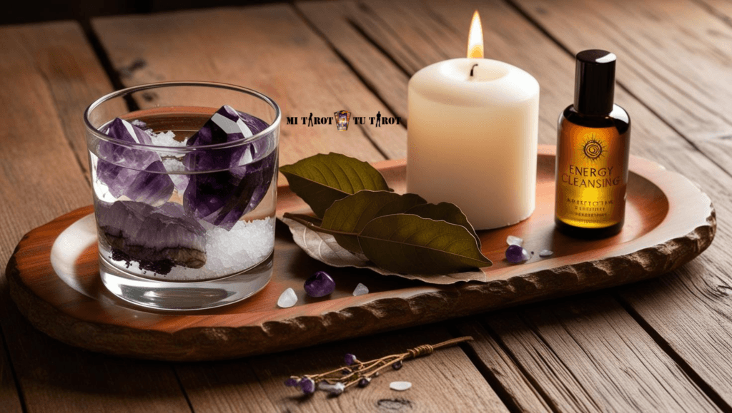 imagen de ritual de Limpieza energética con amatista y velas blancas en altar