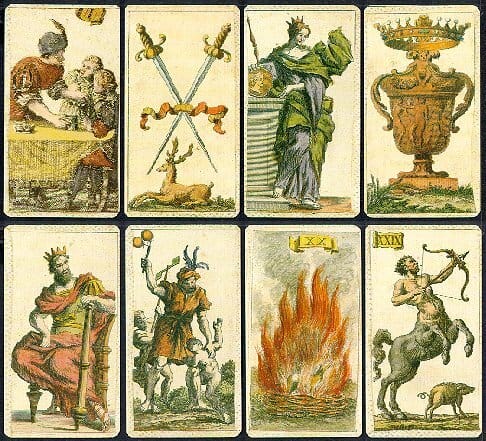 Muestra de las cartas del zodiaco y los elementos correspondientes al Tarot de Minchiate Etruria.