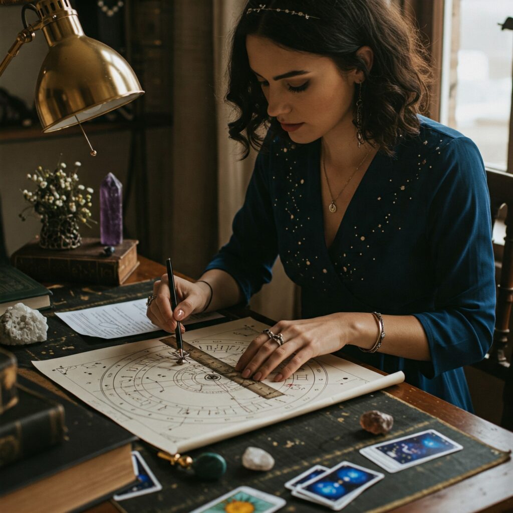Gráfico de carta astral astronómica utilizado en una consulta profesional de astrología.