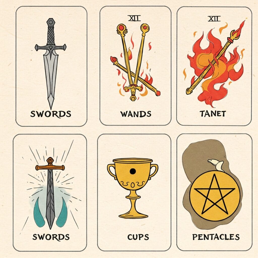 Gráfico con los palos de Bastos, Copas, Espadas y Oros del Tarot