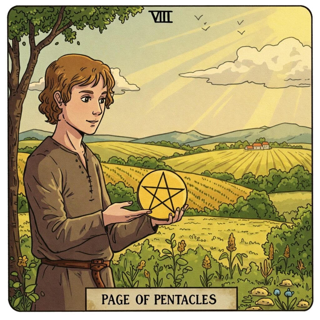 Carta de la sota de oros en un paisaje verde simbolizando los inicios del aprendizaje material y la curiosidad
