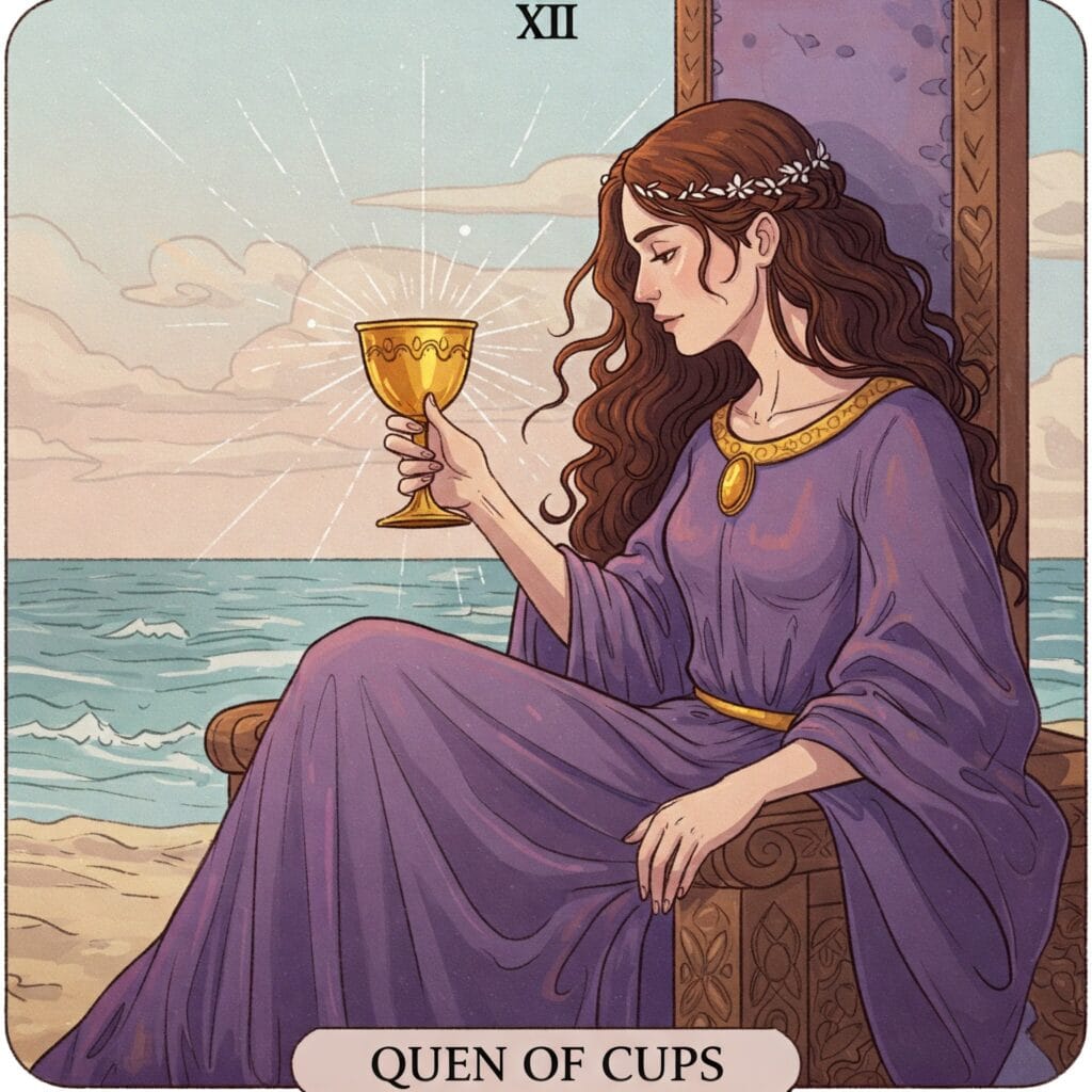 Carta de la reina de copas sentada junto al mar sosteniendo una copa dorada simbolizando la maestría emocional