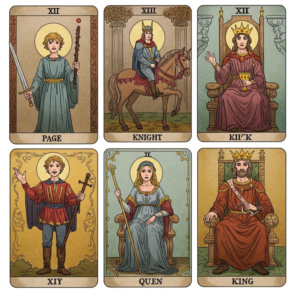 Representación de las sotas, caballos, reinas y reyes de los arcanos menores