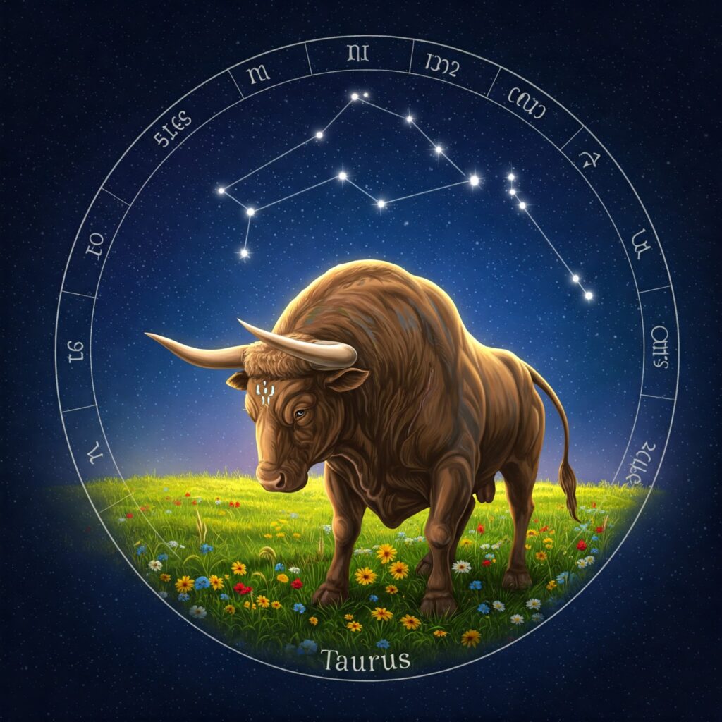 Ilustración de un toro en su constelación celeste representando el signo Tauro.
