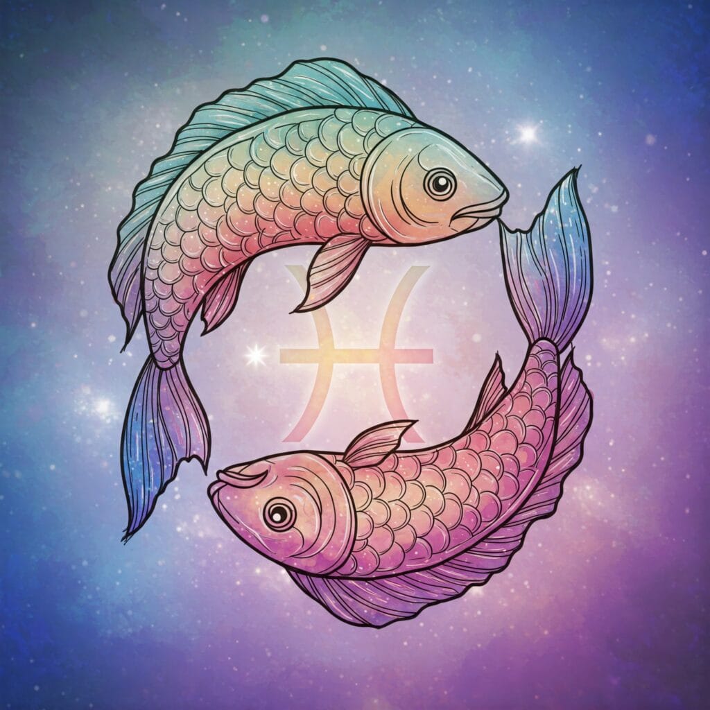 Ilustración con el arquetipo de Piscis en dos peces cósmicos entrelazados para el análisis de psicología arquetípica.