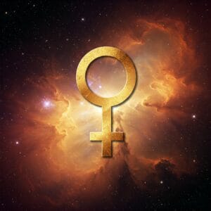 Representación artística del signo de Venus envuelto en nubes cósmicas para evaluar las tendencias naturales
