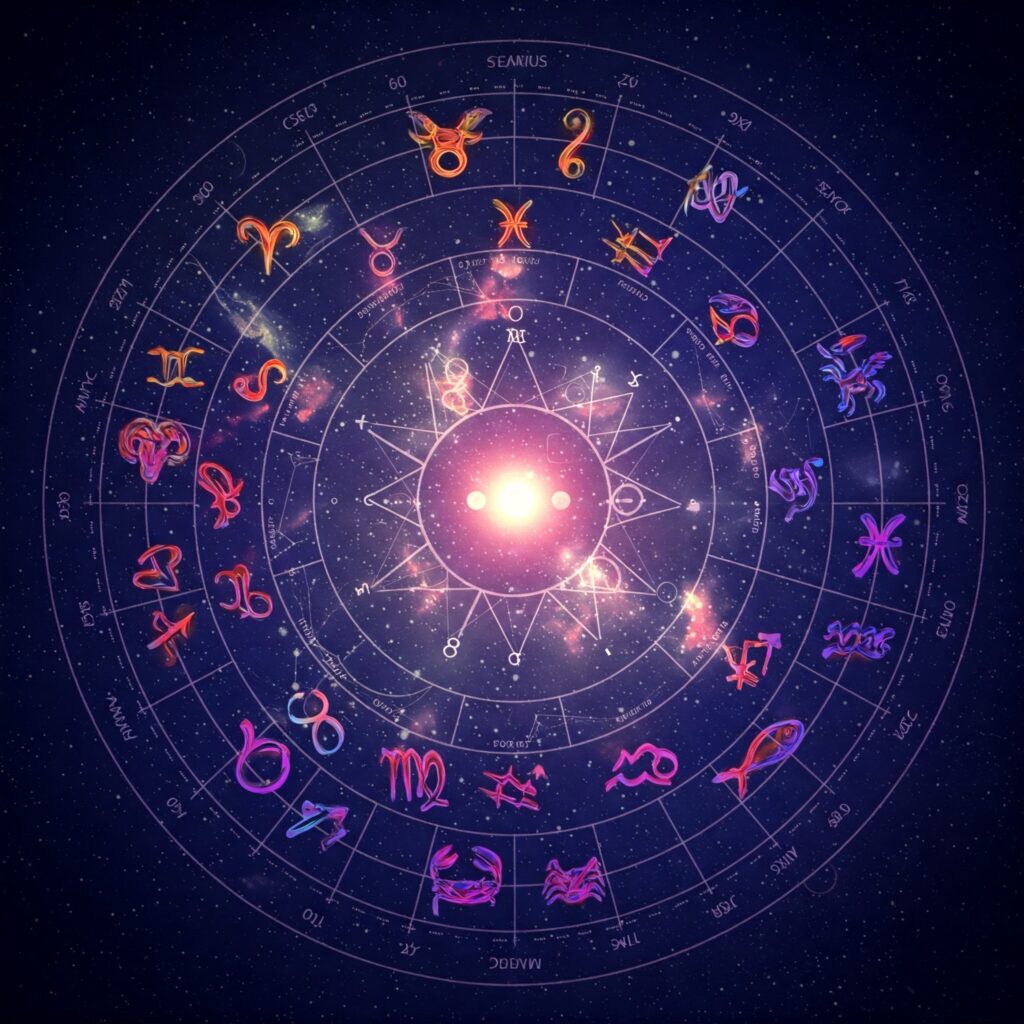 Composición artística y minimalista de los principales símbolos astrológicos y planetarios para el análisis de psicología arquetípica.