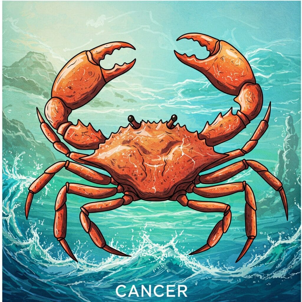 Representación artística del cangrejo de Cáncer asociada a las tendencias naturales de la carta natal.