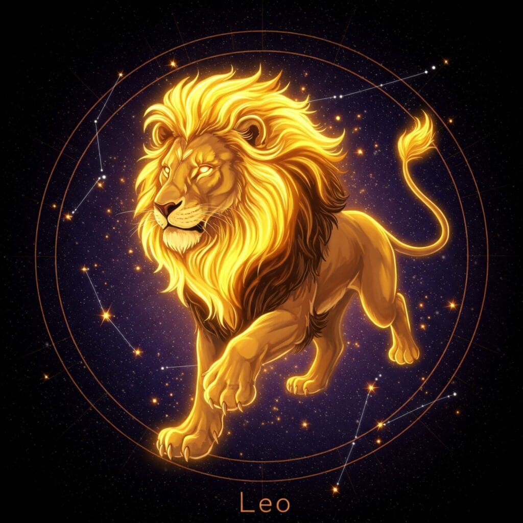 Representación minimalista del signo de Leo en color dorado utilizado para evaluar las tendencias naturales.