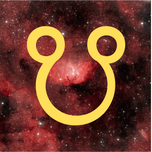 Ilustración lineal del nodo lunar sur sobre un círculo galaxia rosa para el análisis de psicología arquetípica.
