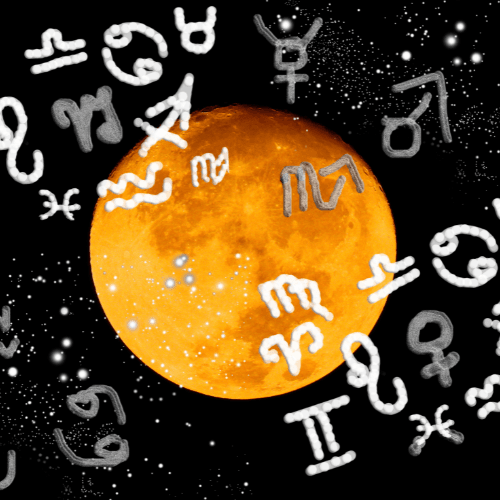 Ilustración mística de la simbología astrológica con círculos planetarios y glifos del zodiaco sobre fondo oscuro.